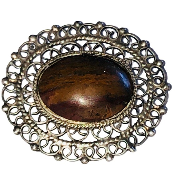 Vintage Jose Luis Flores JLF 925 Sterling Silver Taxco Petrified Wood Brooch - Picture 1 of 7